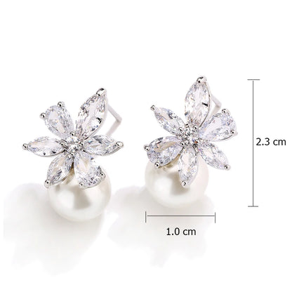 Imitation Pearl Flower Stud Earrings Shinny Marquise Zircon Wedding Earring