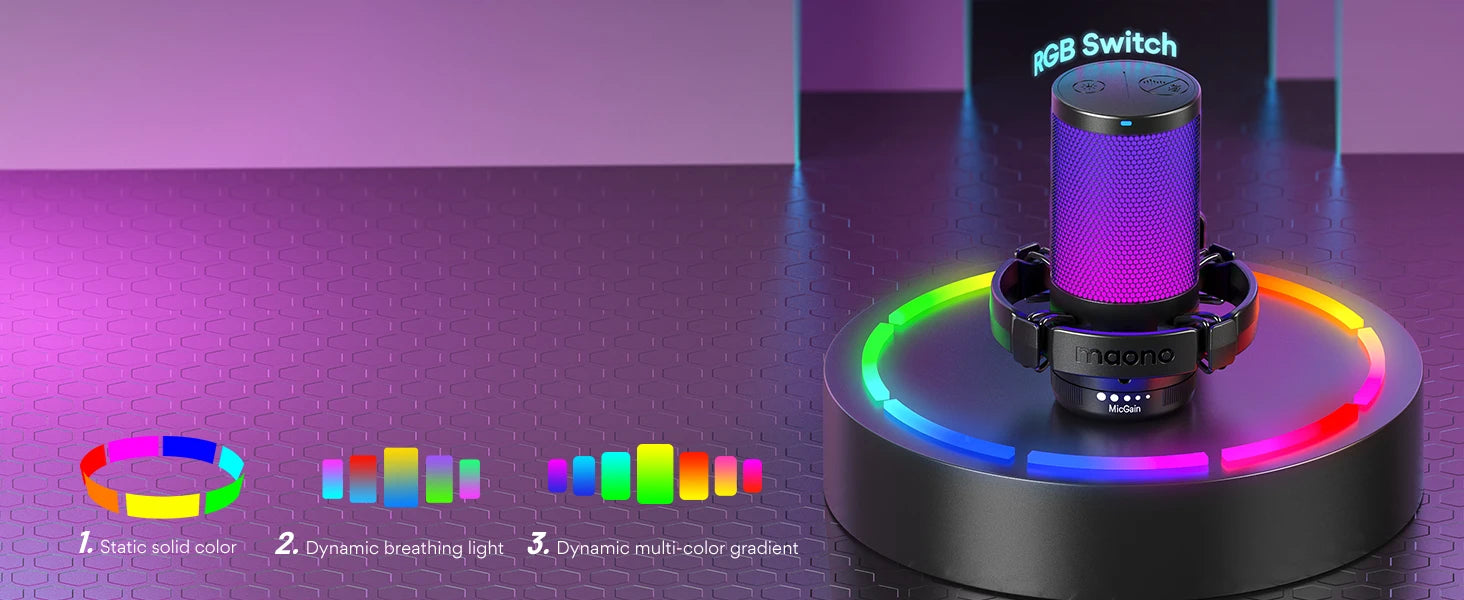 DGM20S USB Microphone Gaming Mic Condenser Mic RGB Mic Noise Canceling Mic with Mic Gain,RGB Light,One key mute