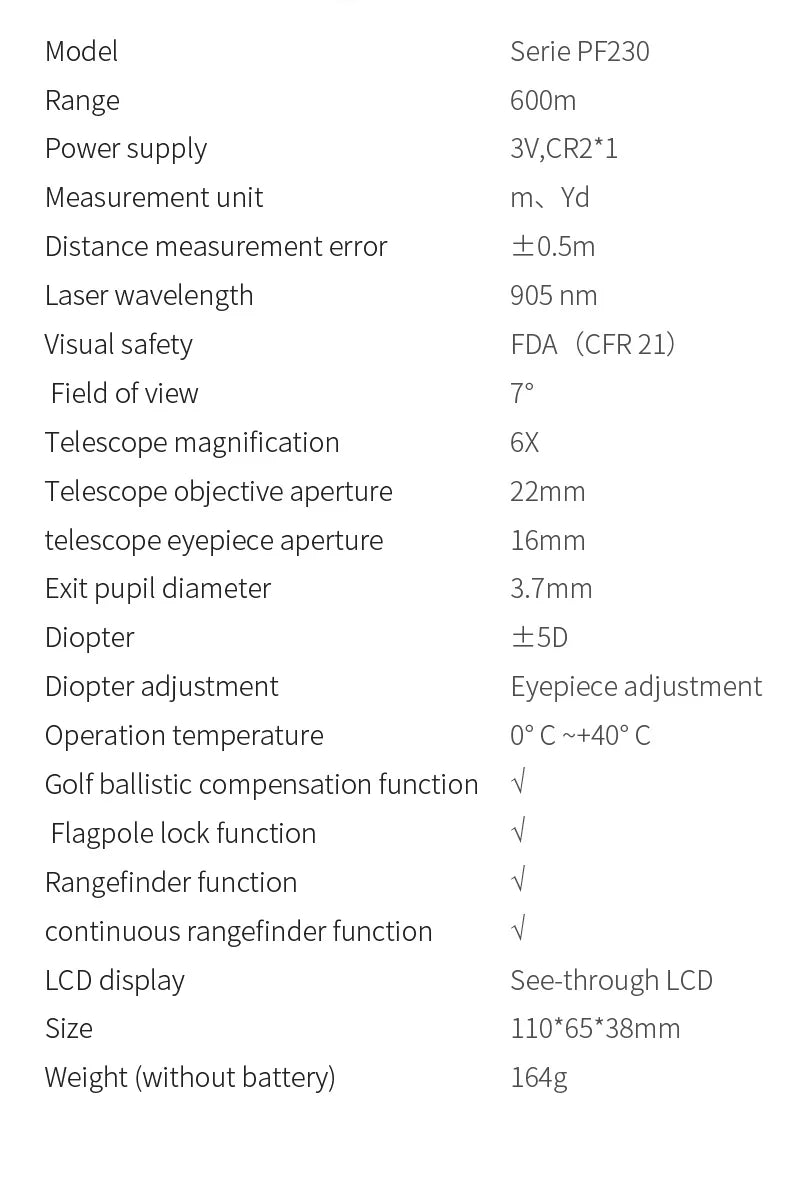 600M Golf Laser rangefinder PF230 Range finder for Hunting Rechargeable Laser Telescope with Box, Pin Seeker, Speed Measure