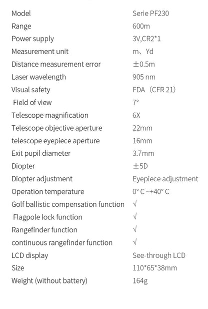 600M Golf Laser rangefinder PF230 Range finder for Hunting Rechargeable Laser Telescope with Box, Pin Seeker, Speed Measure