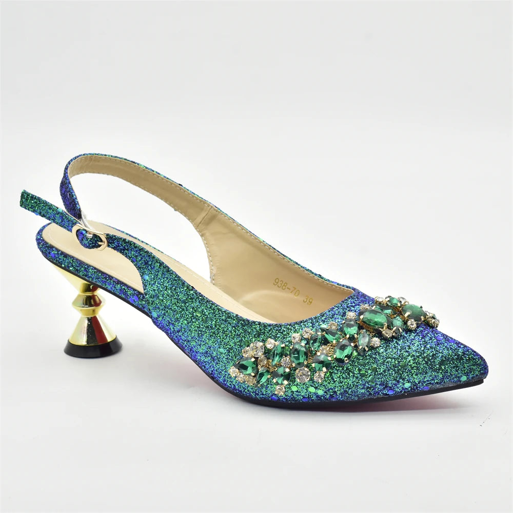Nigeria Fashion Bag and Mid-Heel Pointed Shoes Girly Party Shoes and Bag Set Decorated with Rhinestone Wedding Shoes Bride