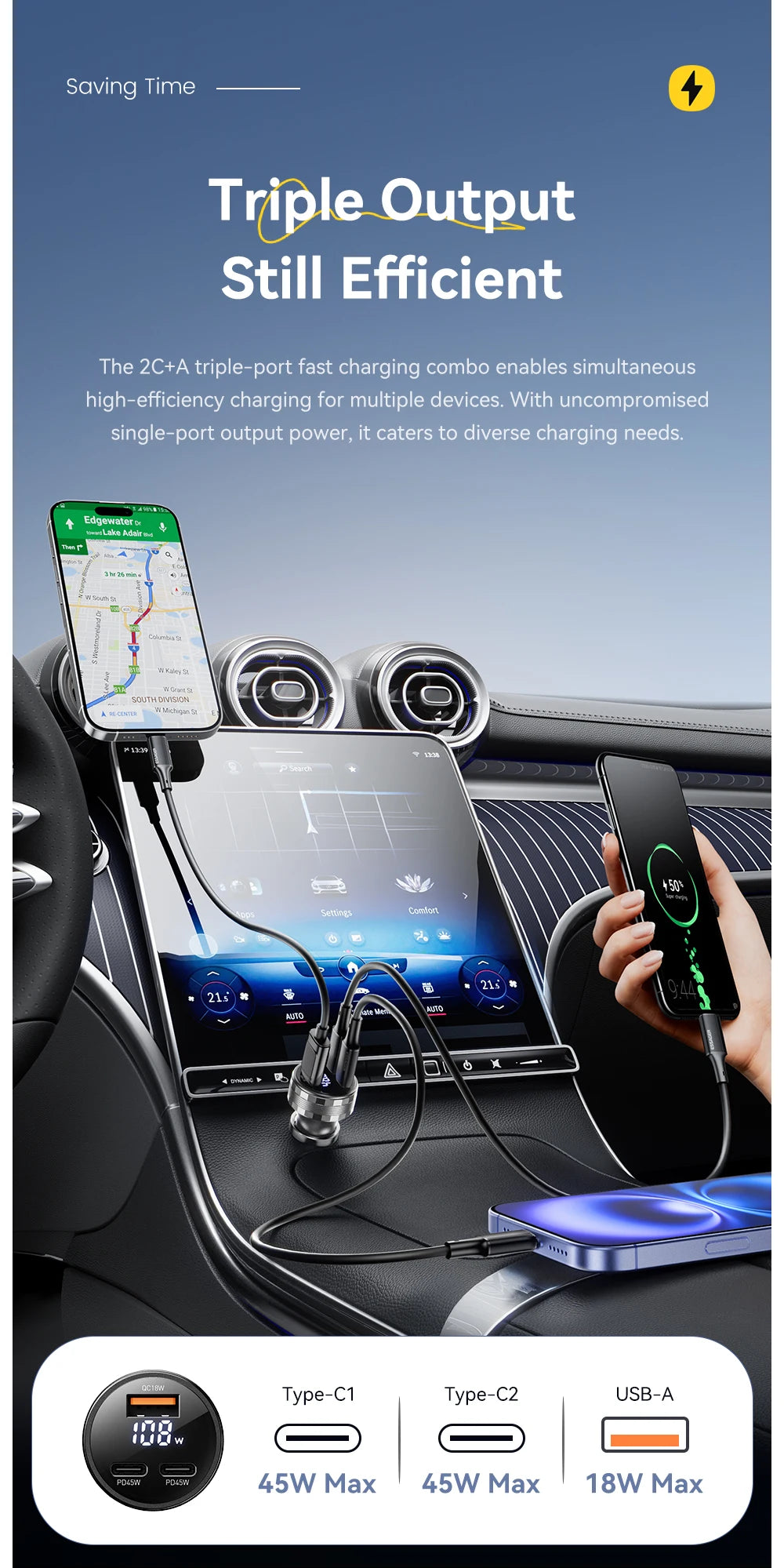 108W USB C Car Charger 3 Ports PD 3.0 Fast Charging Digital Display Dual Type C + USB Adapter