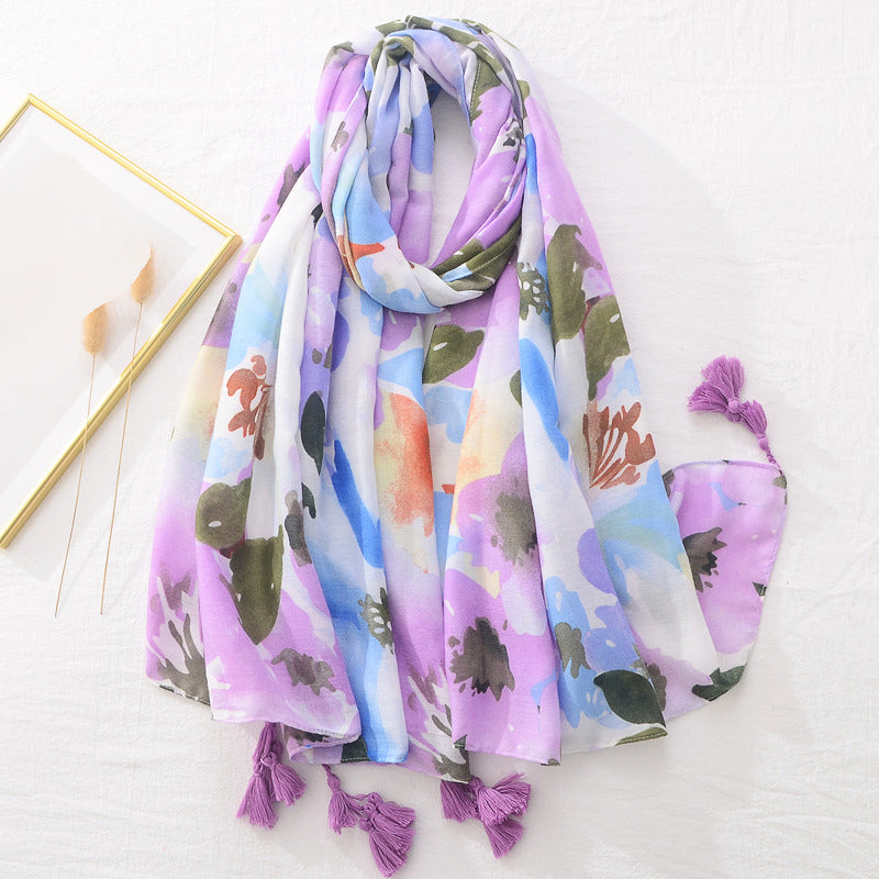 Spring Scarf Pink Blue Floral Paisley Printed Scarves Women Lady Girl Cotton Linen Bohemian Scarf For Summer Beach Shawl Bandana