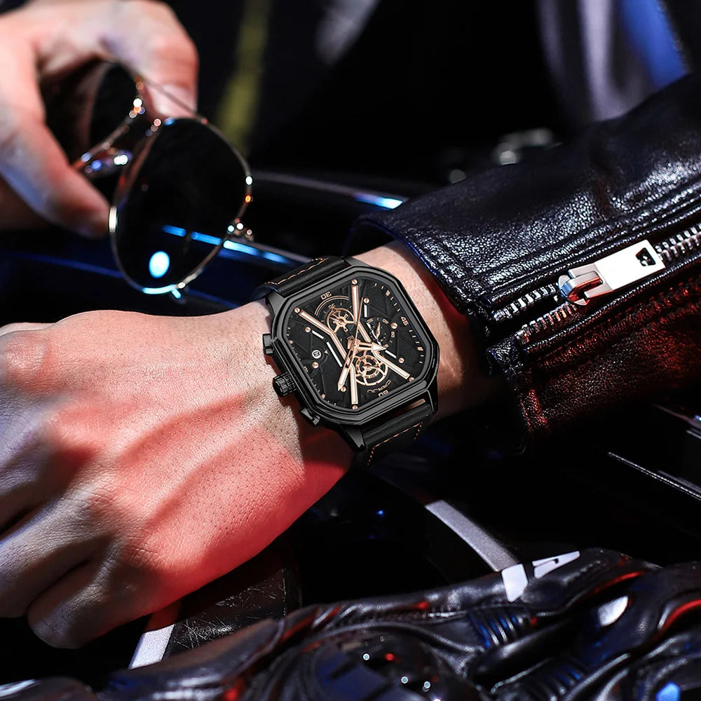 Mens Watches Top Luxury Brand Waterproof Sport Wrist Watch Chronograph Quartz Military Genuine Leather Relogio Masculino