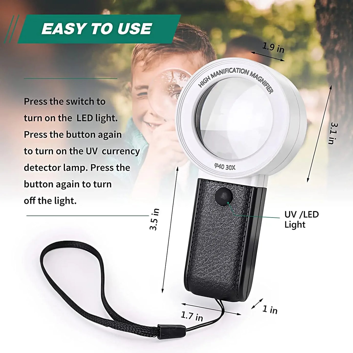 30X LED UV Magnifying Glass Handheld Loupe Dual Lens