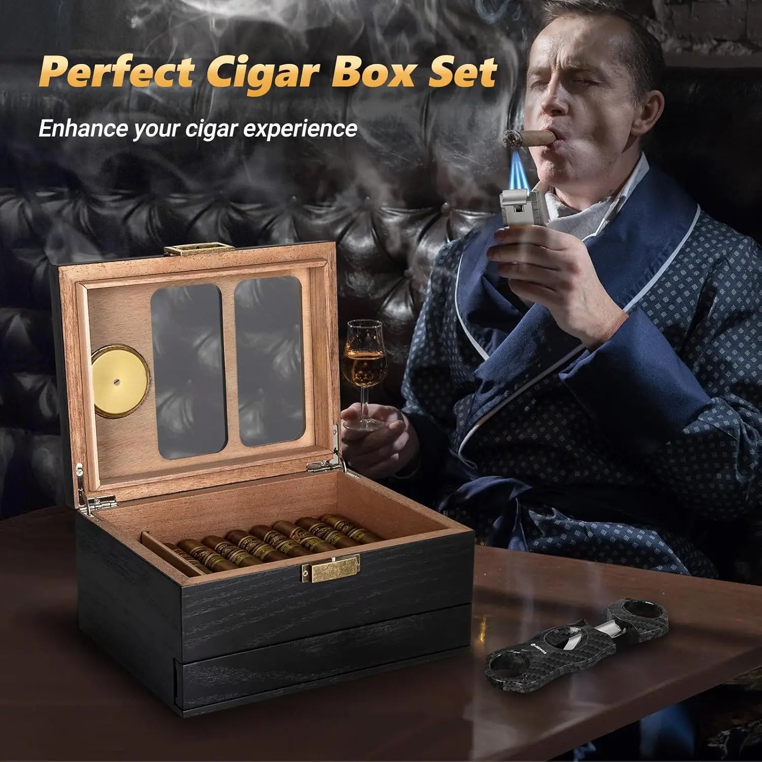 Cigar Humidor, Glass Top Cedar Wood Humidor Box, Cigar Case for 20-35 Cigars with Hygrometer, Cigar V-Cutter, Desktop Humidor