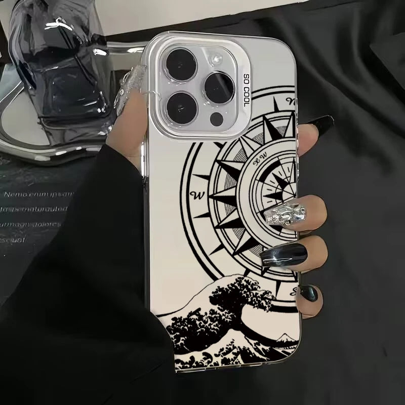 Fashion Vintage Compass Phone Case for iPhone 16 16E 14 15 Pro Max Hard IMD Shockproof Cover