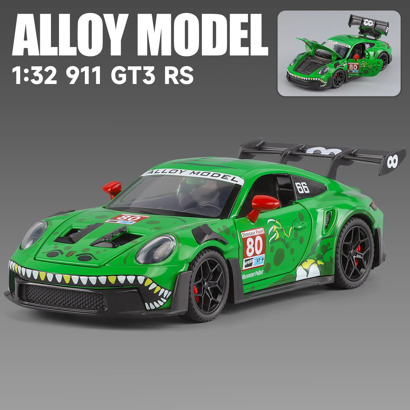 1 32 Scale 911 GT3 RS Dinosaur Modified Diecast Pull Back Model Car with Sound and Light