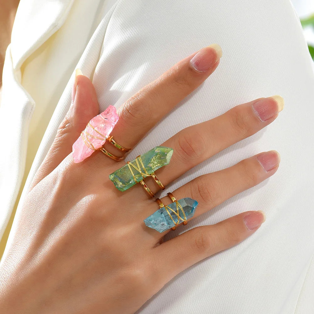 Pink Clear Crystal Irregular Polygon Rings for Women Men Gold Color Wire Wrapped Natural Stone Open Rings