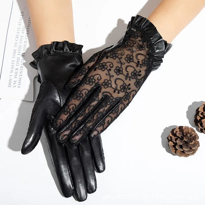 Spring Women Real Leather Gloves Ladies Elegant Gloves Women's Black Driving Gloves Anti-UV Touch Screen Lace Mittens