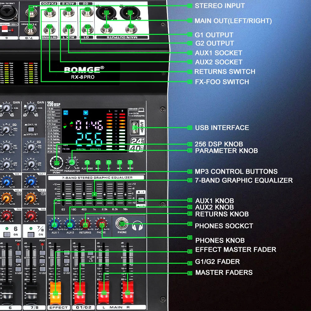 Professional 8 Channel Audio Mixer Console with USB Bluetooth and 256 DSP Effects