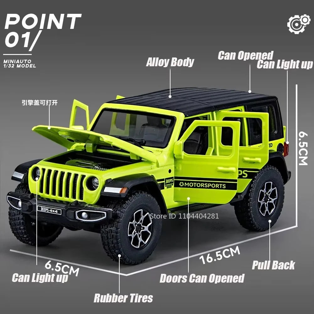 1:32 Wrangler Rubicon Model Toy Alloy Diecast Car Doors Opened Sound Light Pull Back Miniature Off-road Vehicle  Holiday Gift