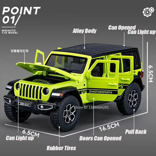 1:32 Wrangler Rubicon Model Toy Alloy Diecast Car Doors Opened Sound Light Pull Back Miniature Off-road Vehicle  Holiday Gift