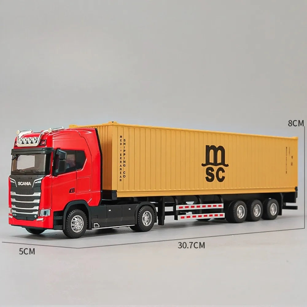 1:50 American Trailer Transport Vehicle Diecast Alloy Front End Container Truck Models Toys Sound Light Cars for Boys Xmas Gifts