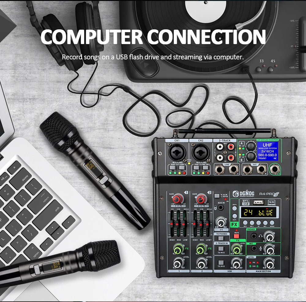 DGNOG Dual UHF Wireless Microphone DJ Audio Mixer 4 Channel Mixer Karaoke Mixer USB Bluetooth for Computer Recording Studio