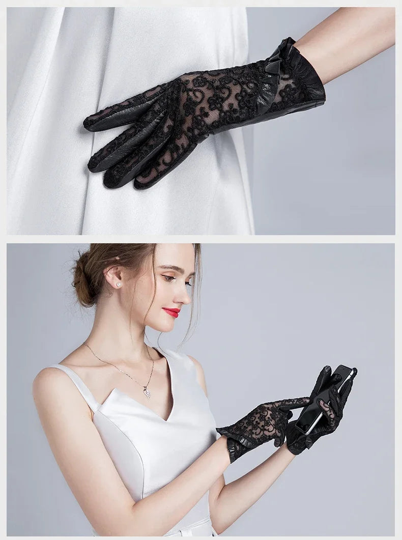 Summer Women Genuine Black Leather Gloves Ladies Elegant Gloves Women's Black Driving Gloves Anti-UV Touch Screen Lace Mittens