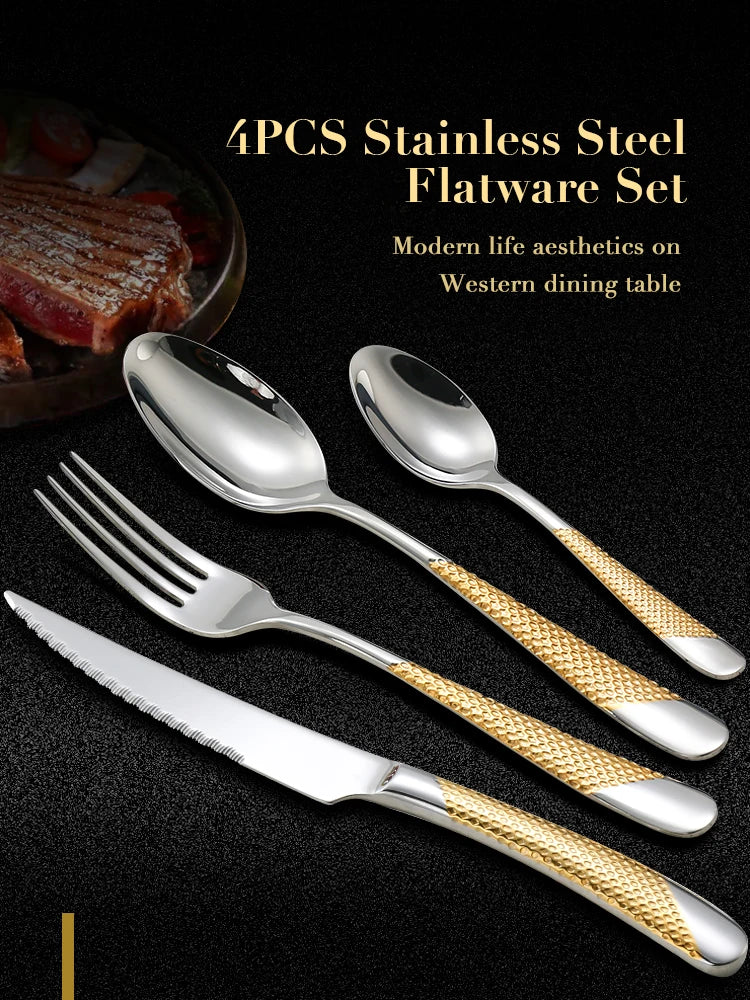 4pcs Gold Cutlery Set Stainless Steel Steak Knife Fork Spoon Luxury Dinnerware Western Dinner Set for Gift Kitchen Accessories