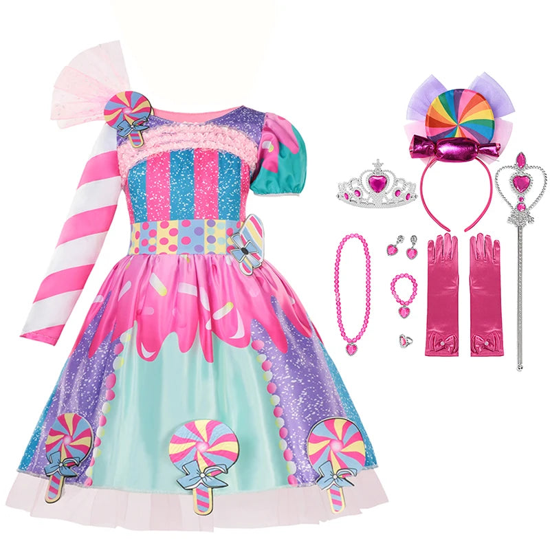 Girls Purim Festival Lollipop Costume Children Puff Sleeve Candy Costume Kids Sweet Lollipop Print Birthday Party Dresses