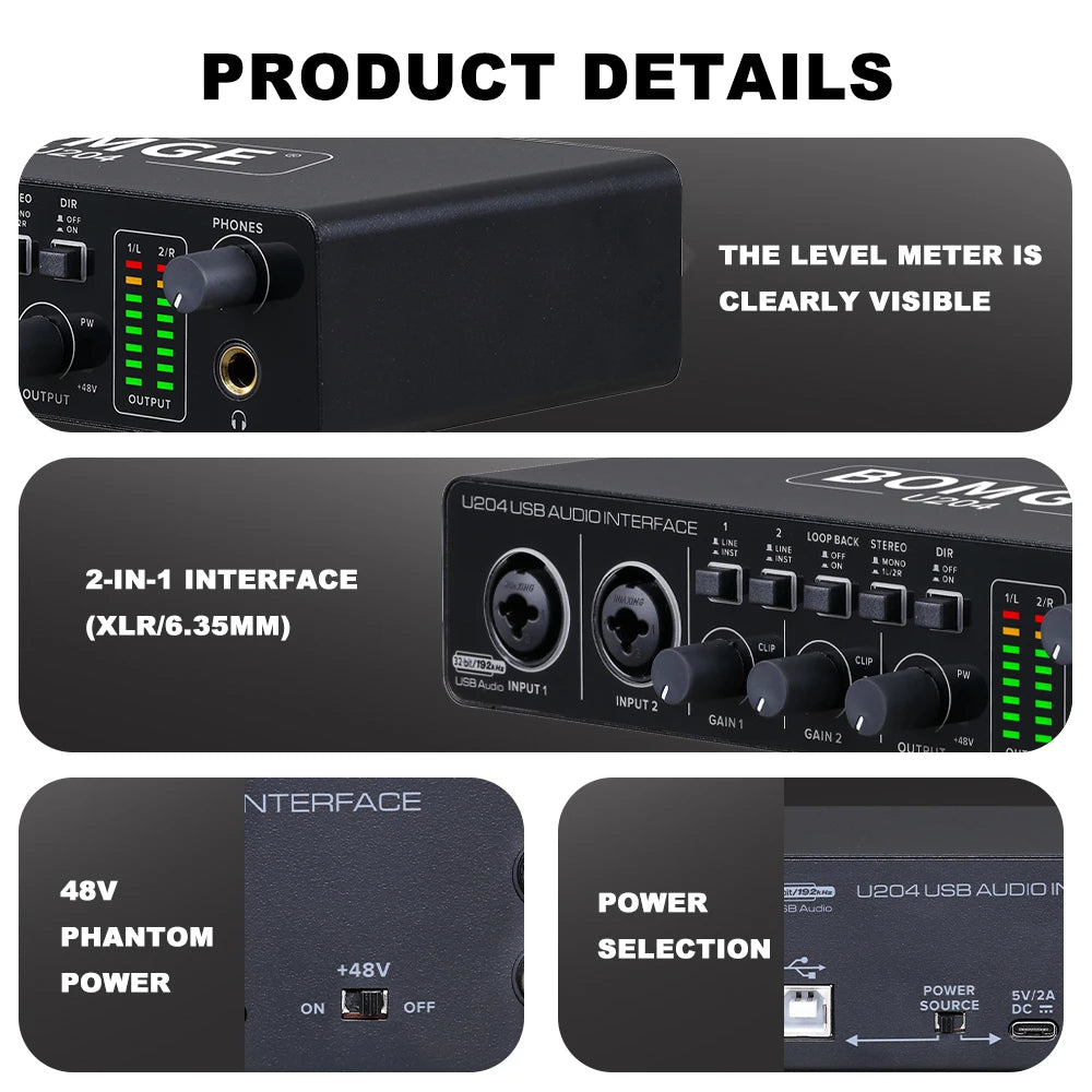 U204 USB Audio Interface with 32 Bit 192kHz Recording and 48V Phantom Power