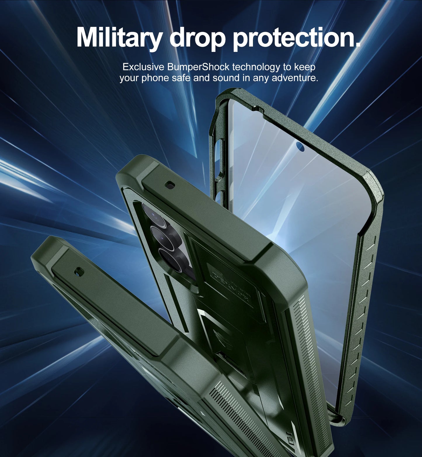 For Samsung Galaxy S23 FE 360 Full Body Bumper Military Grade Armor Shockproof Shell Case Bracket with Built in Screen Protector