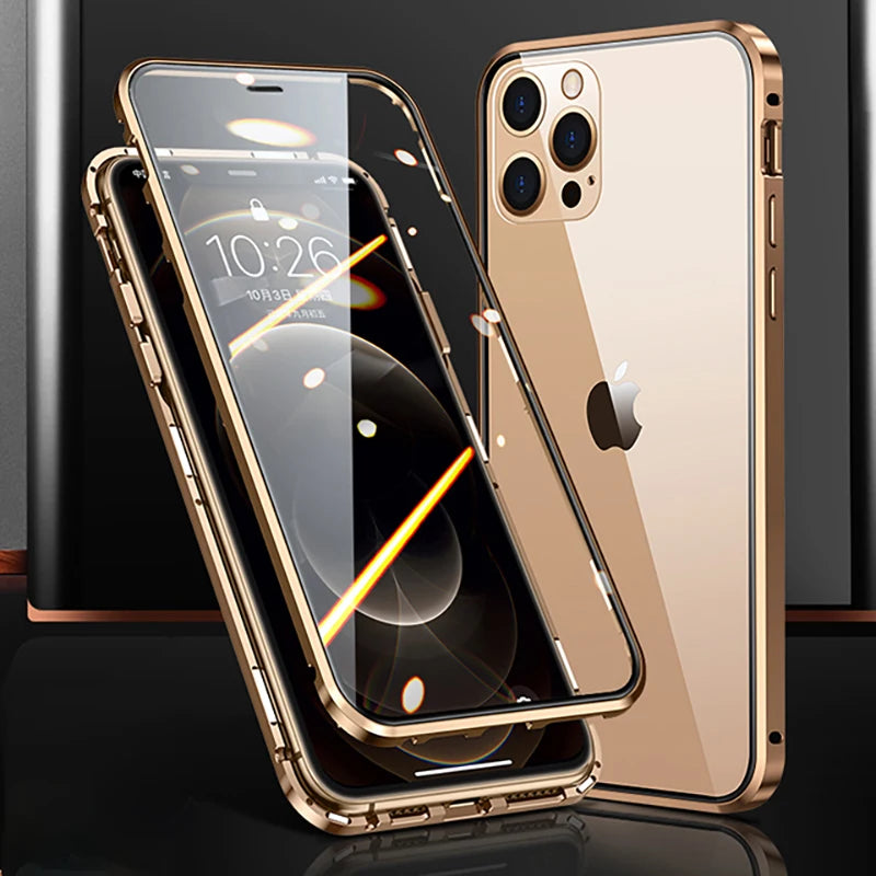 360°Full Protection Metal  Snap Lock Phone Case For iPhone 16 Pro Max 14 15 Pro Max Double-Sided Glass Bumper Case