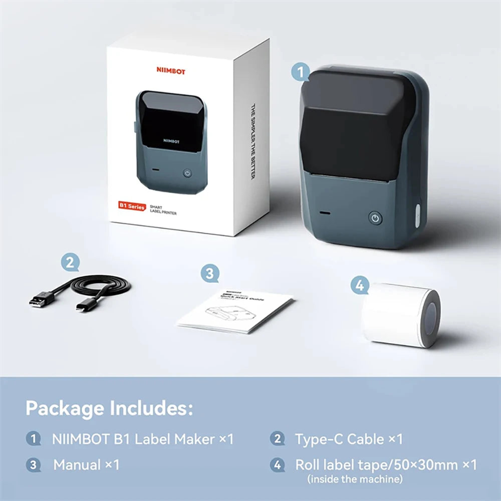 B1 Thermal Label Printer, Bluetooth Wireless Sticker Maker 20–50mm, Portable Inkless Barcode & QR Code Label Printer