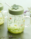 600/780ml Grass Pattern Mug With Straw And Lid Glass Tumbler With Graduated Heat Resistant Cup For Coffee Milk Drinkware
