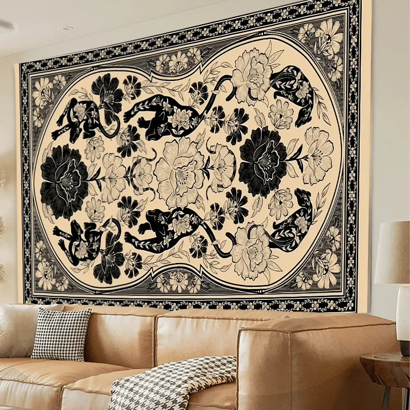 Art Black and White Leopard Print Floral Tapestry Retro Living Room Sofa Decor for Cafes Bohemian Style Home Decor