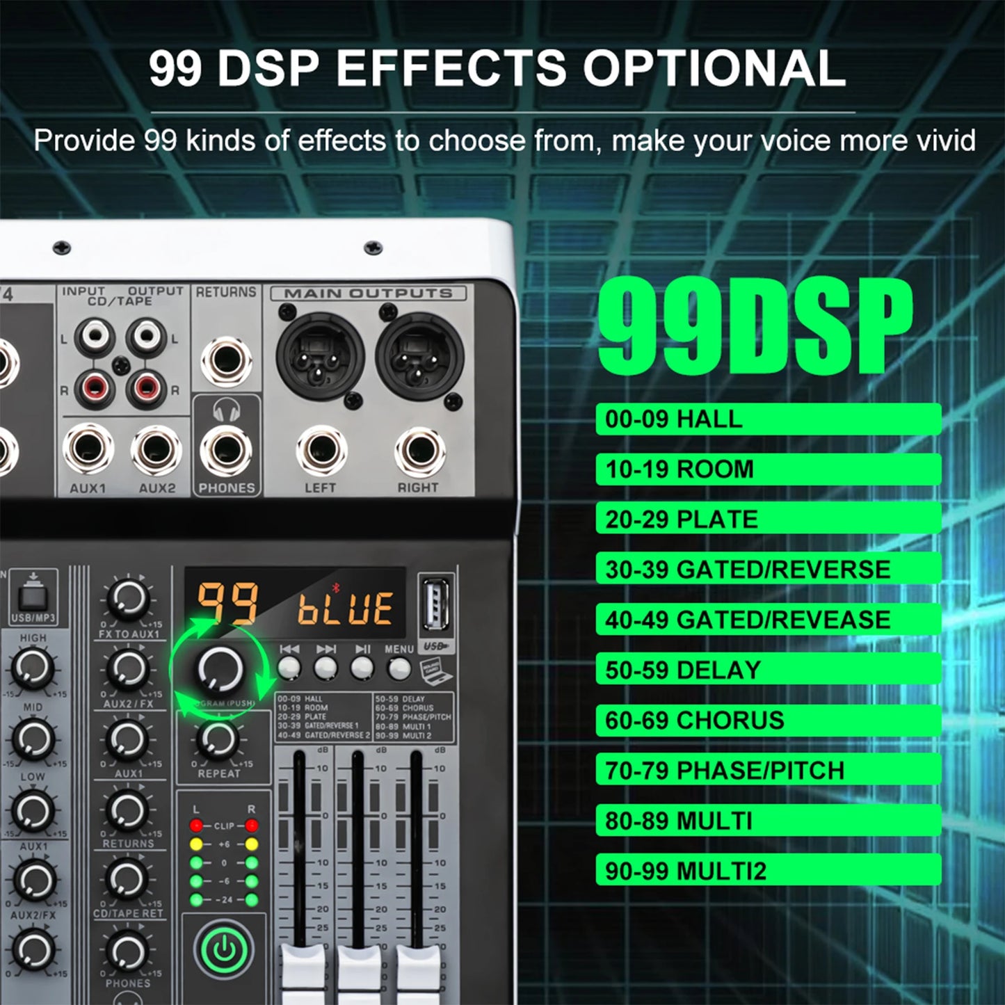 KDES KP6 Audio Mixer 6 Channel 99 DSP Effect Record PC 48V Phantom Power USB Sound Mixers Bluetooth DJ Console Mixing for Karaok