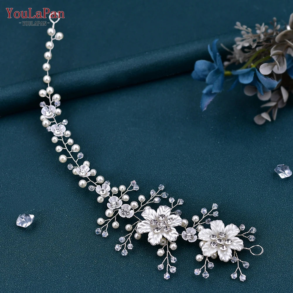 Flower Headpiece Wedding Headband for Bride Crystal Pearls Women Tiara Bridal Headpieces Hair Jewelry