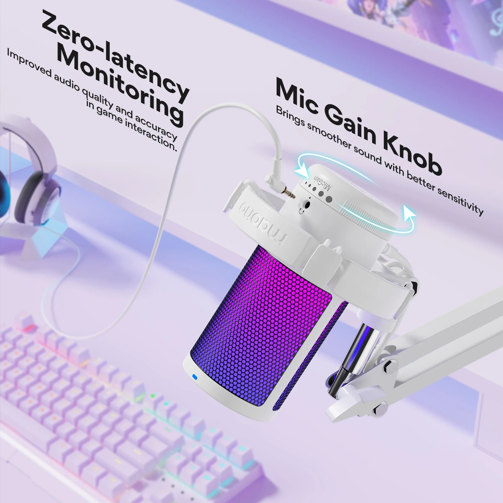 Gamerwave DGM20S USB Microphone Gaming Mic Condenser Mic RGB Mic Noise Canceling Mic with Mic Gain,RGB Light,One key mute