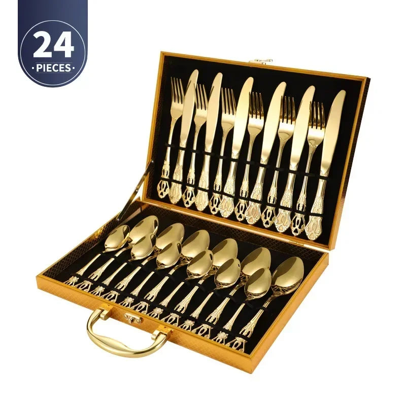 4pcs Gold Stainless Steel Cutlery Set Royal European Spoon Fork and Steak Knife Retro Hollow Design Dinnerware Luxury Tableware