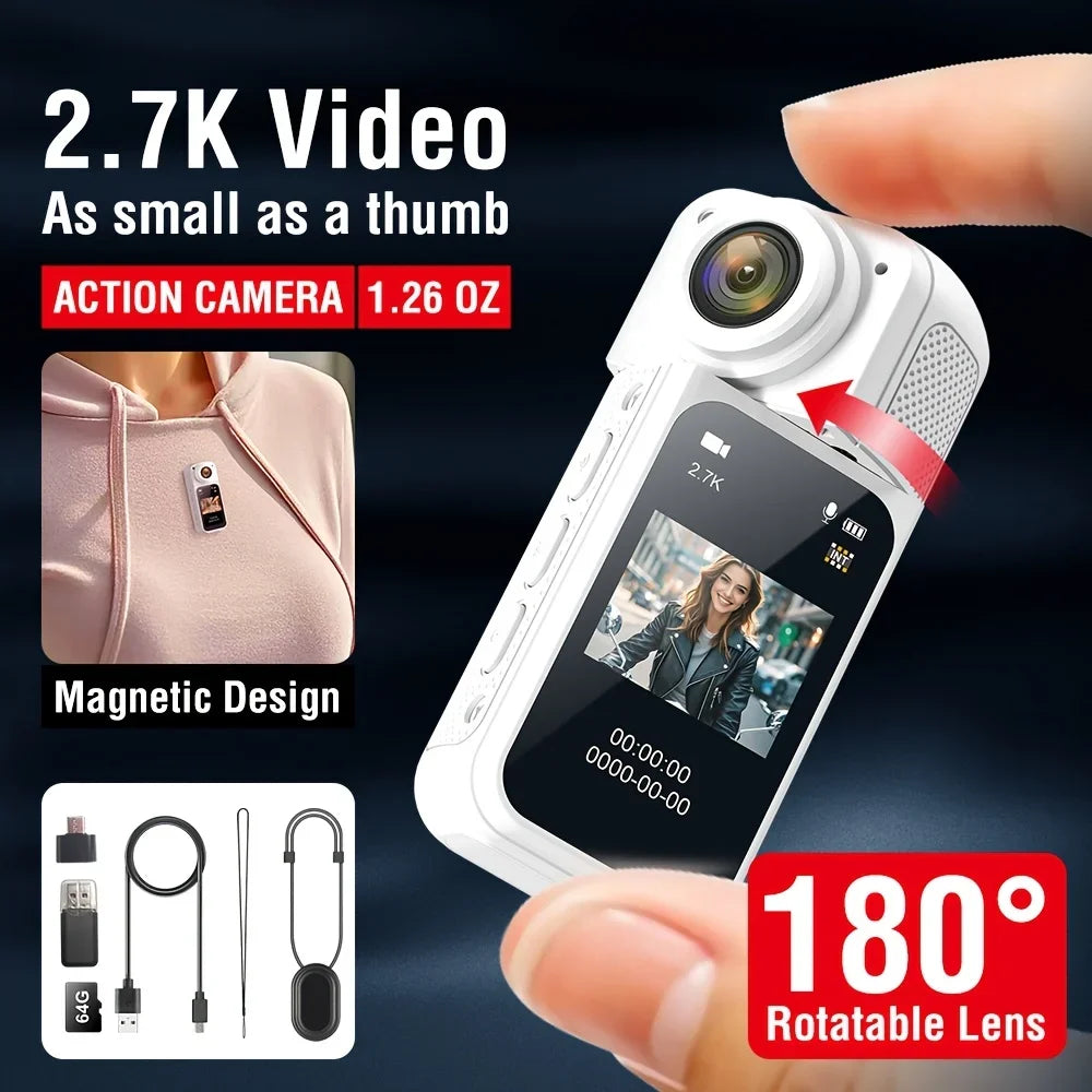 Thumb Action Camera Mini 2.7K Sport Cameras Pocket Cam Instant 180°Angle WIFI Moto Recorder megnetic Attraction Bracket Camera