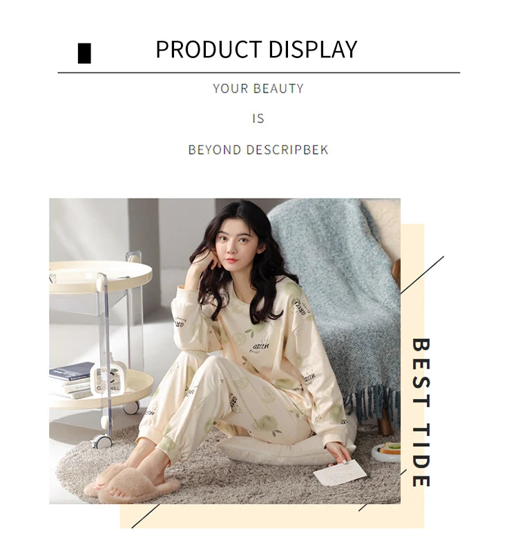 Women’s Cute Lazy Style Cotton Pajama Set – Soft, Loose Long Sleeves & Pants