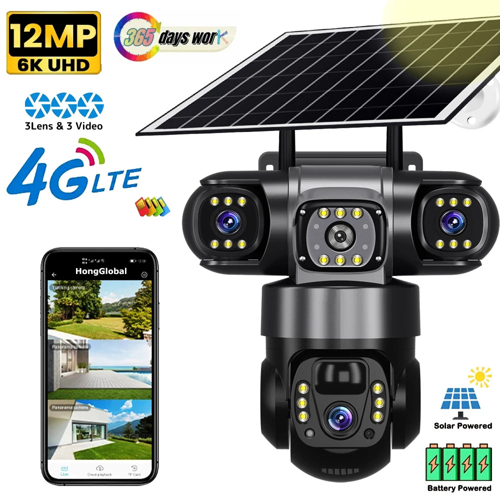 12MP 6K  Outdoor Solar 4G Camera Three Lens Three Screen PIR Motion Detection Cam Waterproof Night Vision Smart Security CCTV