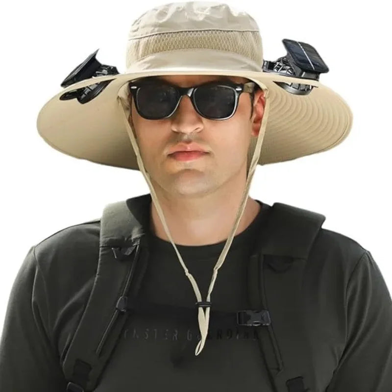 Wide Brim Solar Fan Hat With Dual Fans