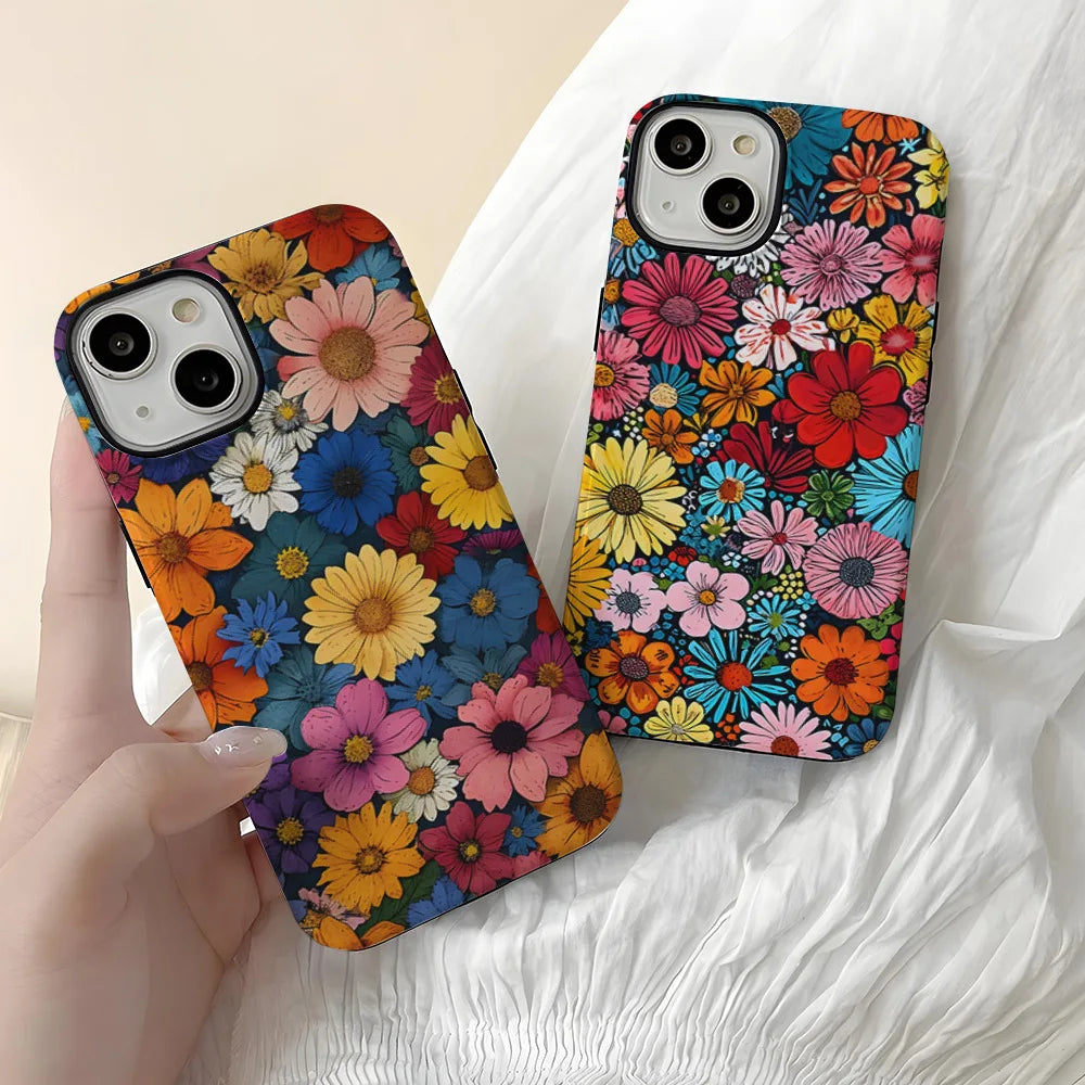 Art Drawing Flower Printed Daisy Phone Case for iPhone 16 15 13 14 Pro Max 16 15 Plus 2 in 1 Hard Protection Cover