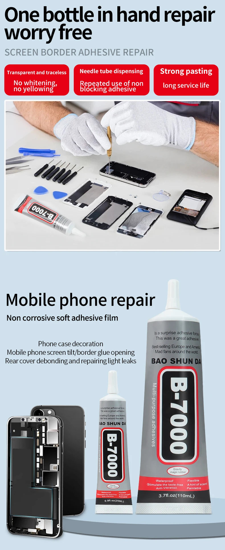 B7000 Universal Transparent super Glue for Cell Phone Repair-Jewellery, Jade, precious metals, High Adhesive for wood,Glass，Plastic, quick Drying-With Precision Applicator (15ML/25ML/50ML/110ML)