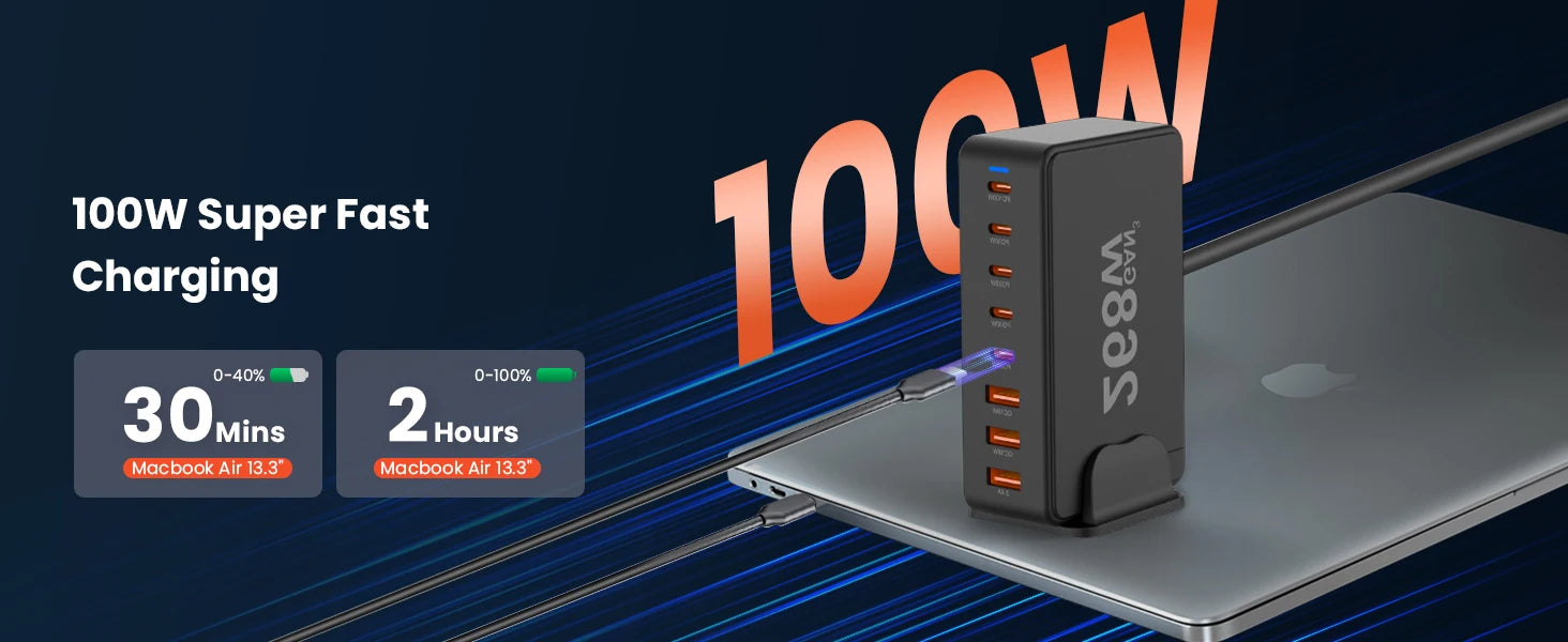 268W USB C Charger, Portable Travel 3rd GaN Charger, 8-Port Fast Charging Station, Multi Port USB Charger, PD100W Laptop Charger