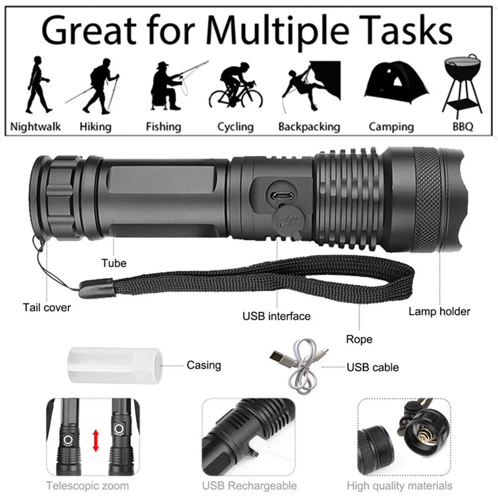 XHP70.2 LED Flashlight Rechargeable Zoom Tactical Torch USB Waterproof Camping Hunting Light