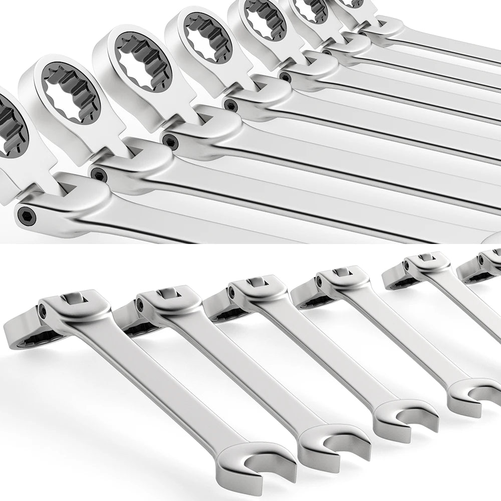 Metric Ratchet Spanner Wrench Set 8–22mm Flex Head 72-Tooth Gear Ring Combination Wrench Kit with Canvas Storage Bag
