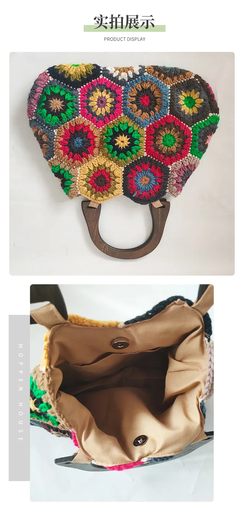Bohemian Granny Square Crochet Tote Bag Handmade Knitted Shopper Handbag