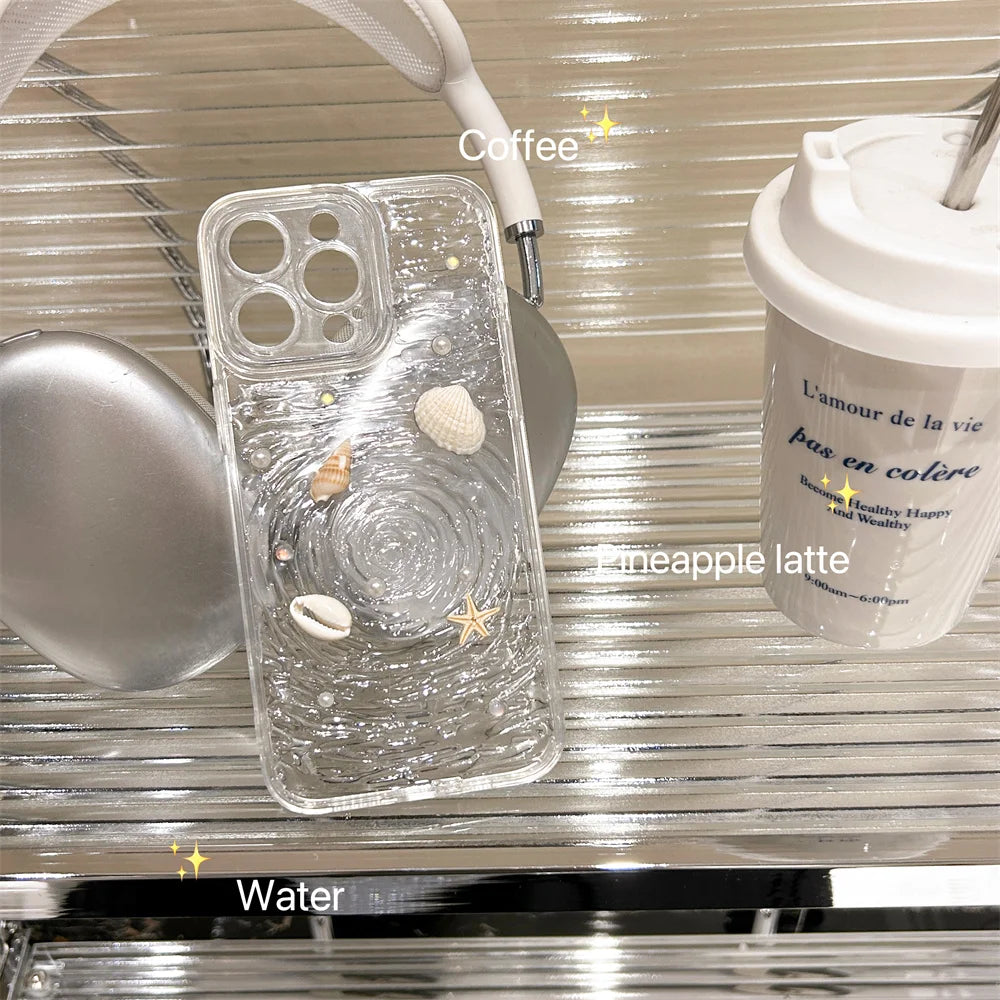 INS Seashell Starfish Conch Pearl Water Ripple Creative Clear Phone Case For iPhone 15 14 13 Pro Max Plus Soft Back Cover