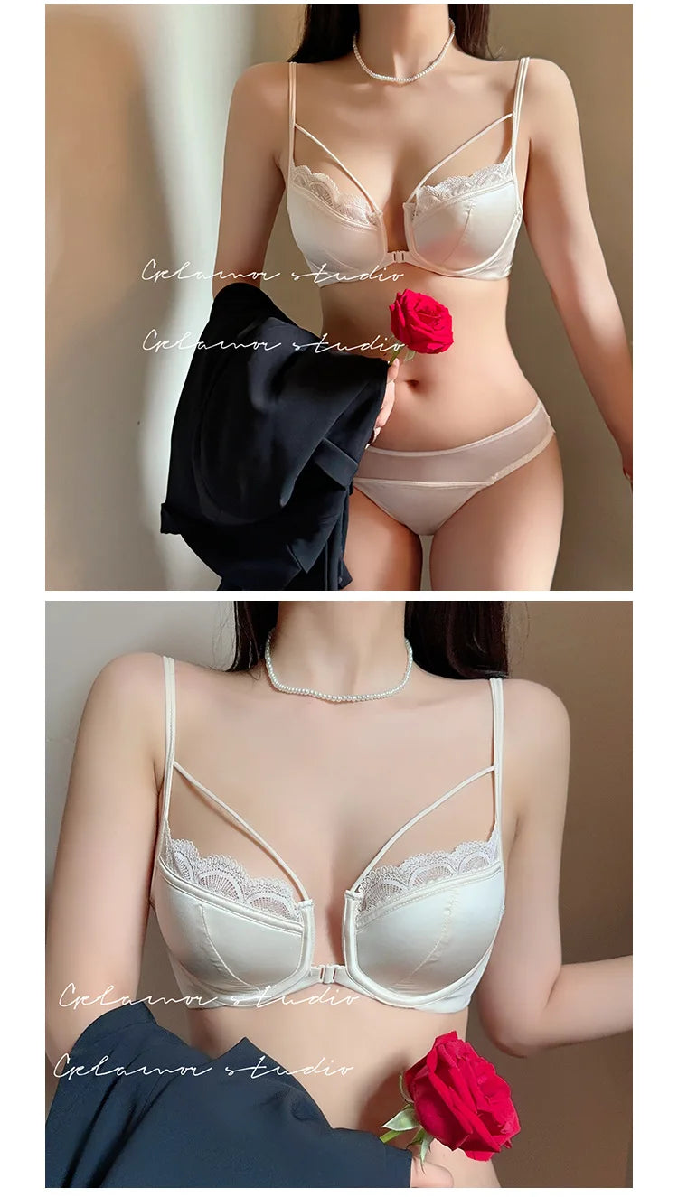 Womens French Lace Front Closure Push Up Bra and Brief Set