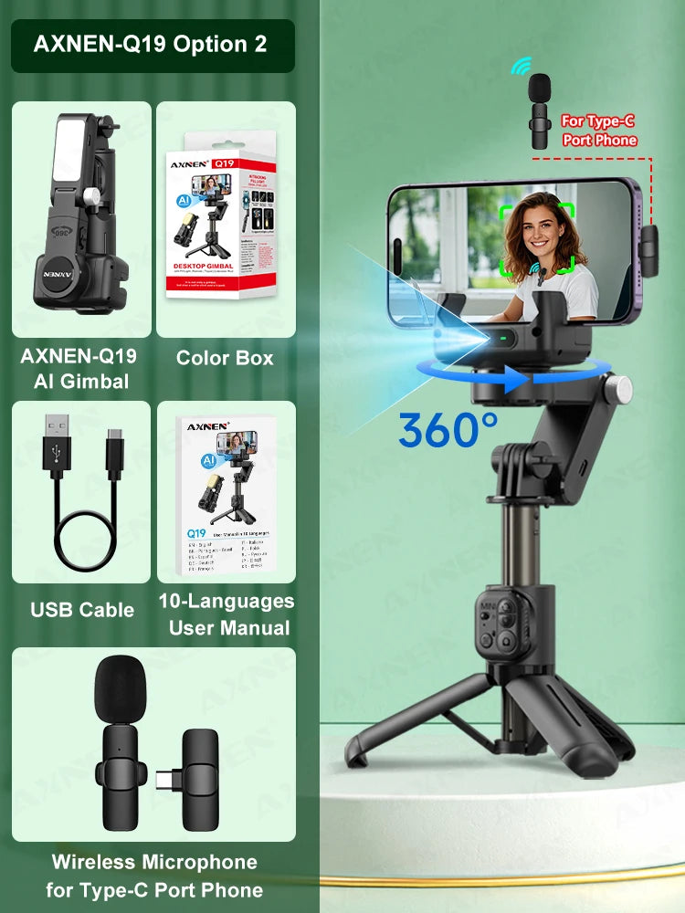 Q19 AI Desktop Gimbal Stabilizer 360 Rotation Auto Face Tracking Mobile Phone Handheld Anti-shake Selfie with Fill Light