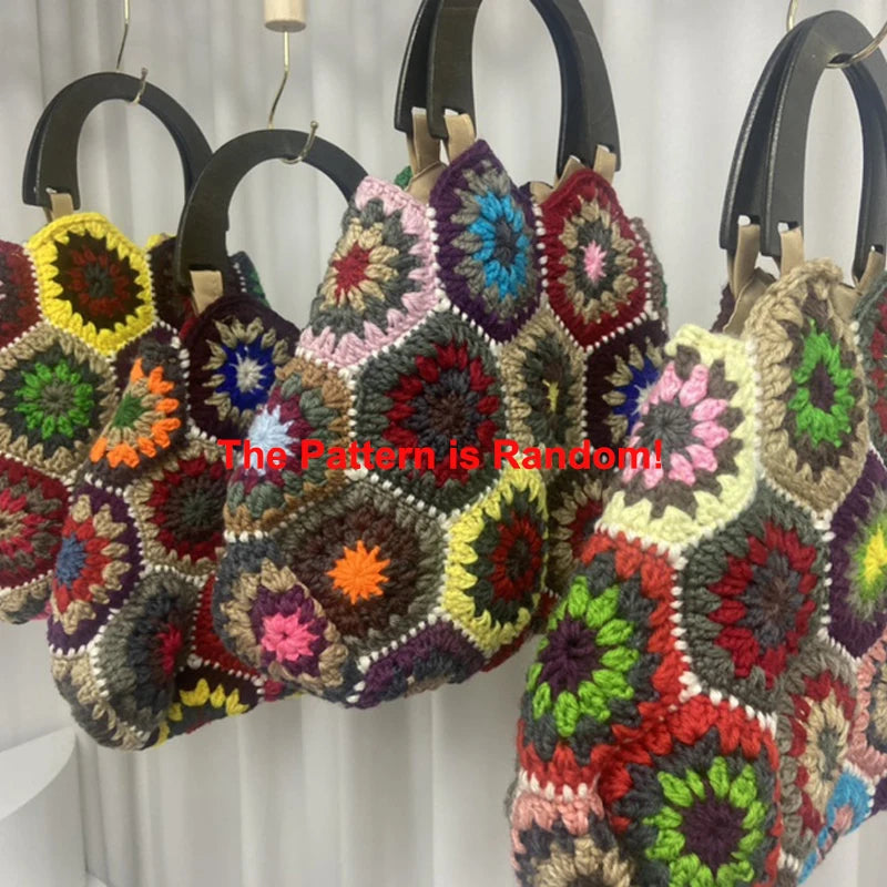 Bohemian Granny Square Crochet Tote Bag Handmade Knitted Shopper Handbag