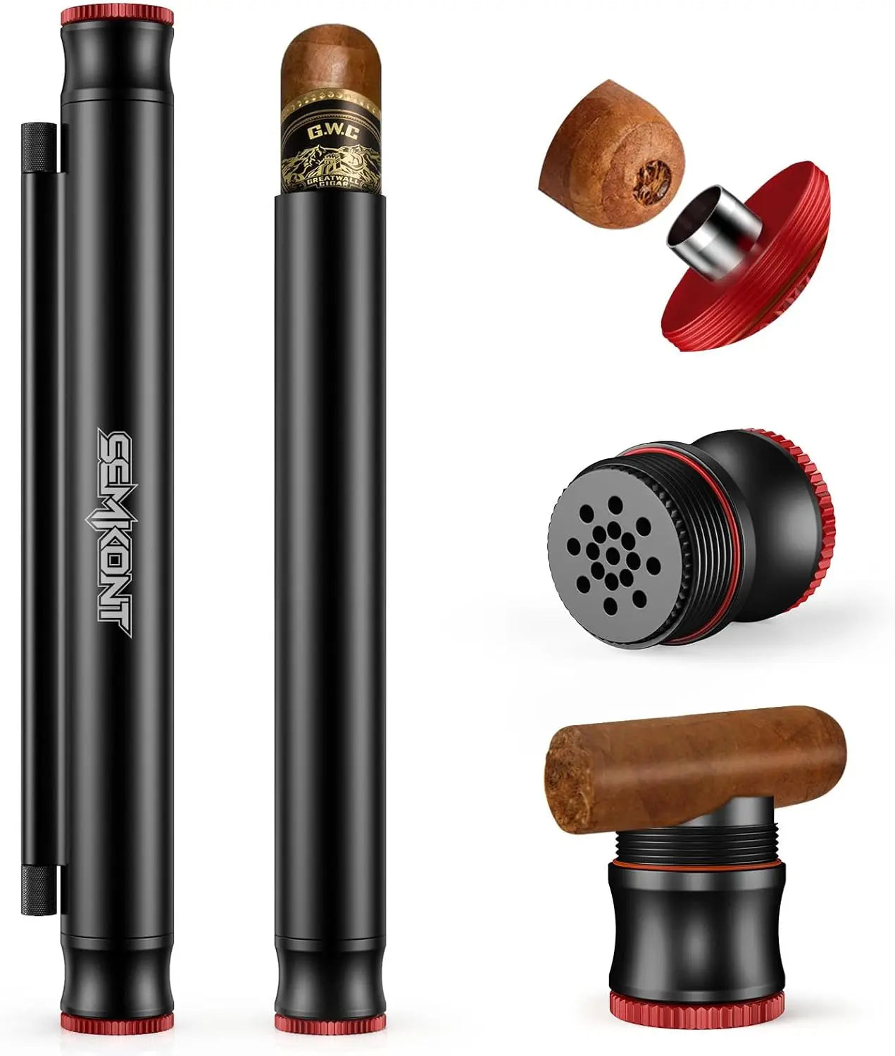 Travel Cigar Tube, Portable Aluminum Cigar Storage Tube Built in Humidifier, with Dual Cigar Punch Cigar Needle Cigar Holder