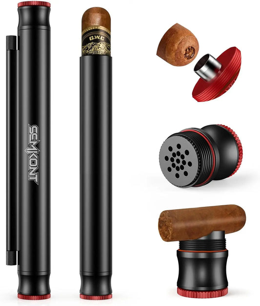 Travel Cigar Tube, Portable Aluminum Cigar Storage Tube Built in Humidifier, with Dual Cigar Punch Cigar Needle Cigar Holder
