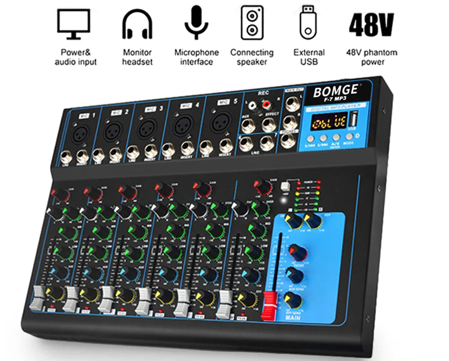F7 Bluetooth Audio Mixer with USB Recording and 48V Phantom Power