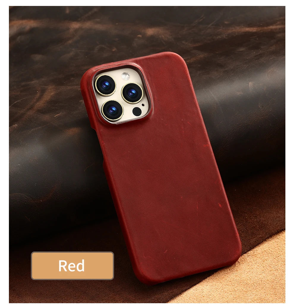 Retro Cowhide Phone Case for iPhone 16 15 14 Pro Max 16Pro 14Pro 15Pro Luxury Crazy Horse Genuine PULL-UP Leather Back Cover